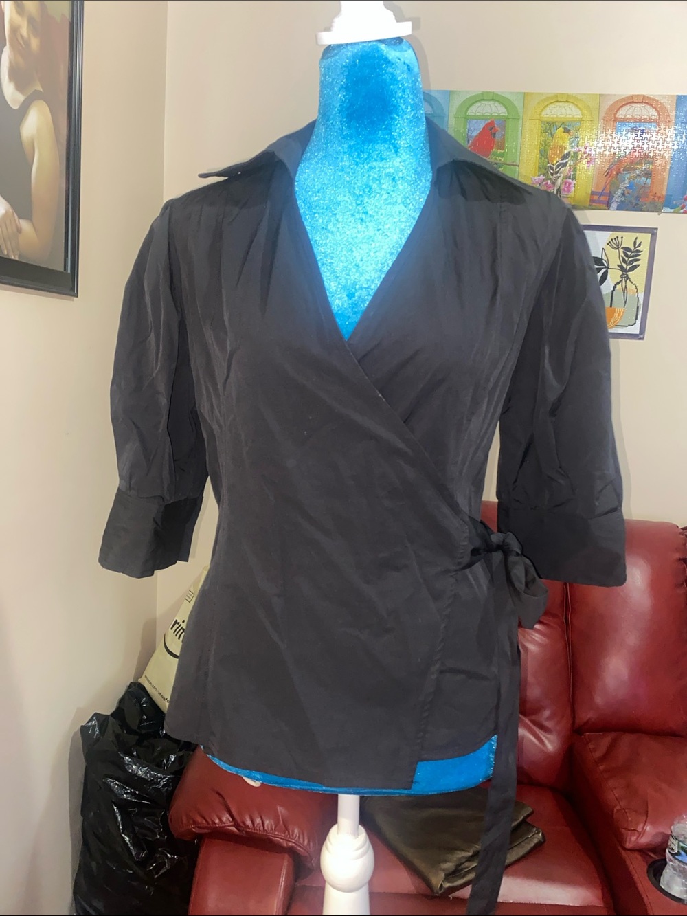 Gracia Black Wrap Button-Down Blouse